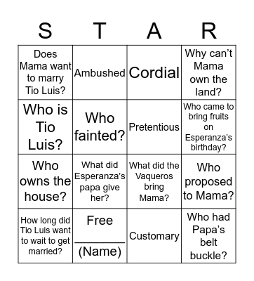 Esperanza Rising  Bingo Card