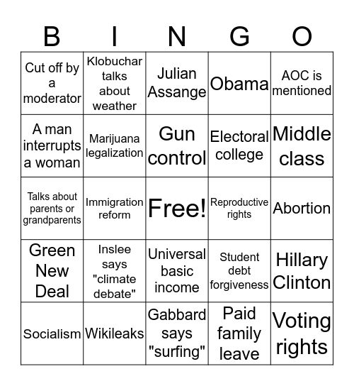 Dem Debate Bingo Card