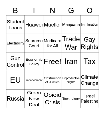 Democratic Debate Bingo Card