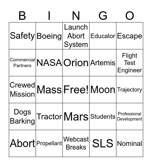 Orion AA-2 Test Flight Webinar Bingo! Bingo Card