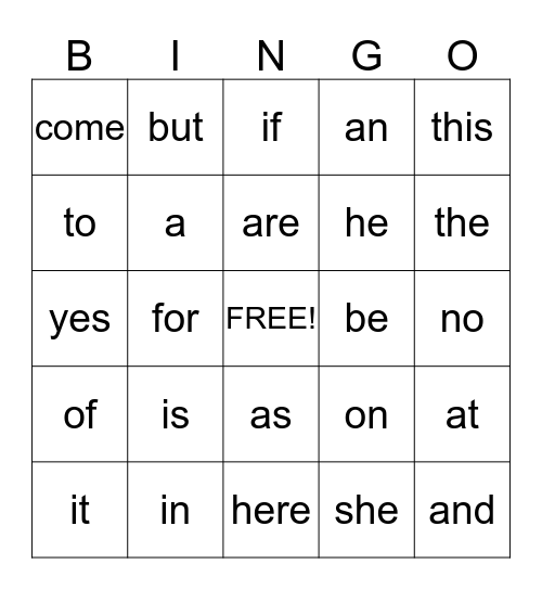 Sight Words Bingo Card