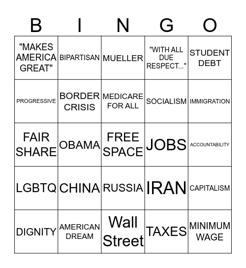 Democratic Debate Bingo Card