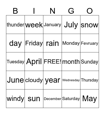 Calendar words Bingo Card