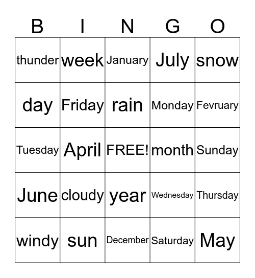 Calendar words Bingo Card