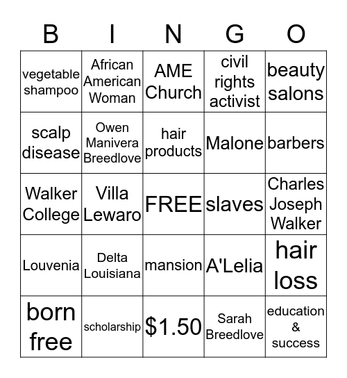 MADAM C. J. WALKER Bingo Card