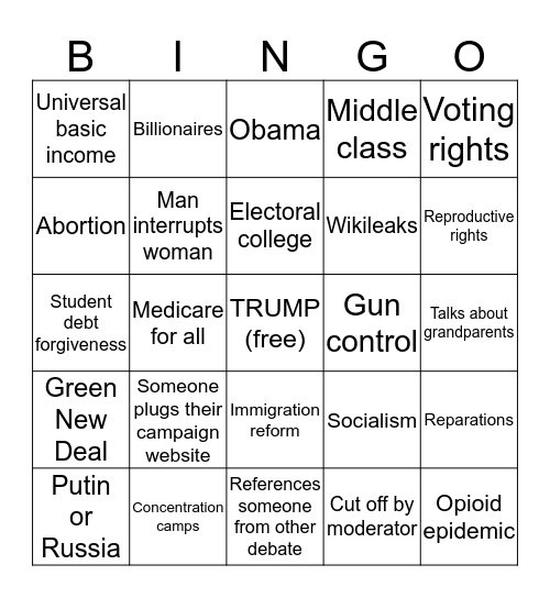 Democratic Debate June 2019: Night 1 Bingo Card