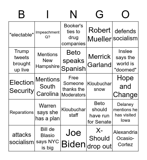 Democratic Debate day 1 Bingo Card