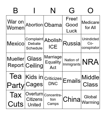 Democrat Debates 2019 Bingo Card