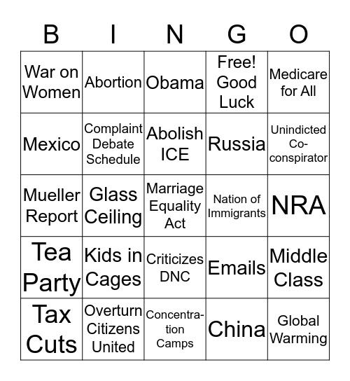 Democrat Debates 2019 Bingo Card