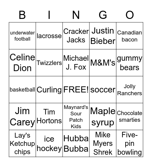 Canada Bingo Card