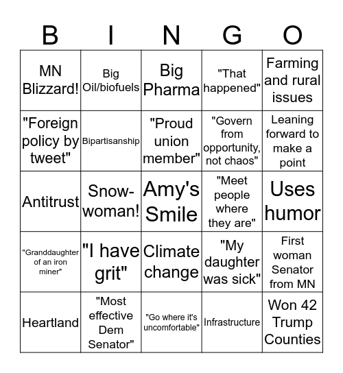 Amy For America - June Debate Bingo Card