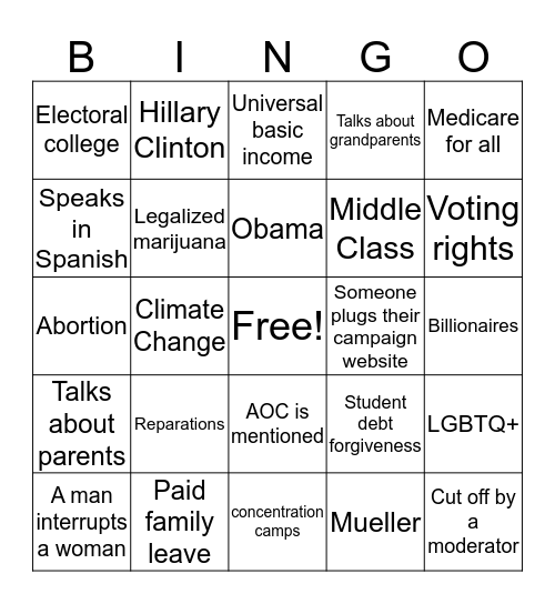 Primary Debate 2019 Bingo Card