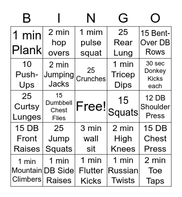 Fitness Bingo Card