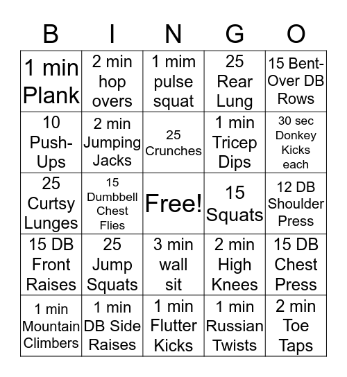 Fitness Bingo Card