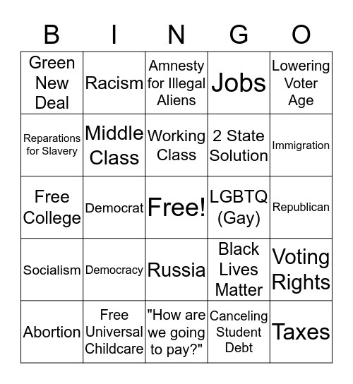 2020 Presidential Democratic Debate  Bingo Card