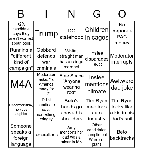 Democratic Debate Night #1 Bingo Card