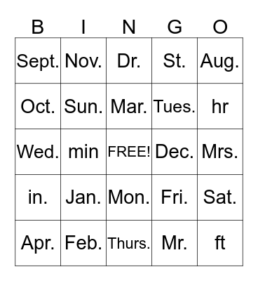 Abbreviation Bingo Card