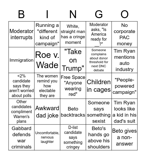 Democratic Debate Night #1 Bingo Card