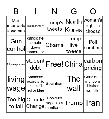First Democratic Presidential Debate 2020 Bingo Card