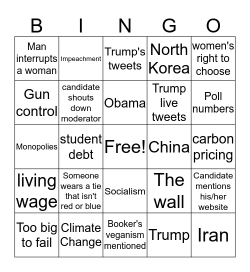 First Democratic Presidential Debate 2020 Bingo Card