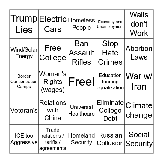 Democratic Debate #1 Bingo Card