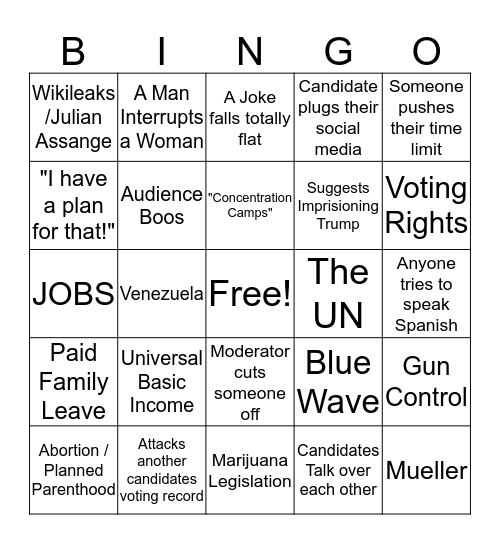 Wednesday Night Debate Bingo Card