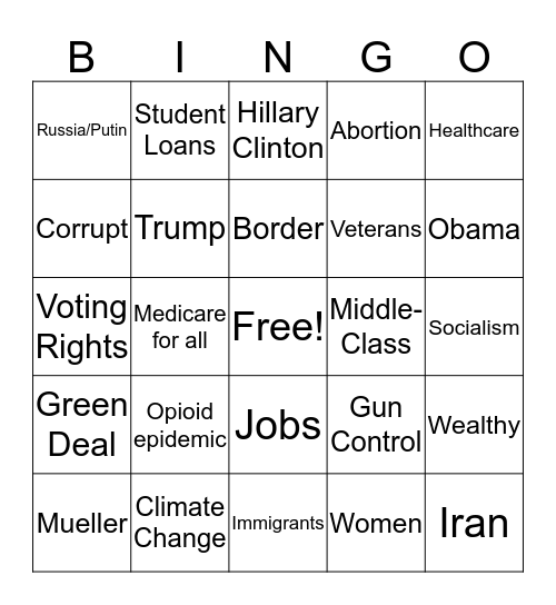 2019 Democratic Debate Bingo Card