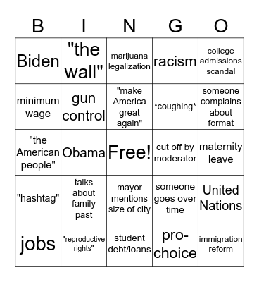 Presidential debate BINGO Card