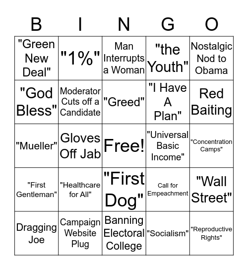 2020 Dem Dem Debate Watch Parties: #1 Bingo Card