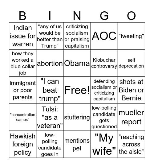 Democrat Debate Bingo Card