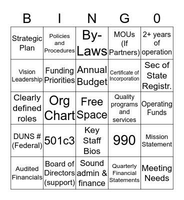 Grant Readiness Bingo Card