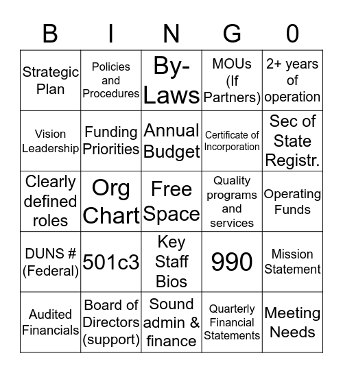 Grant Readiness Bingo Card