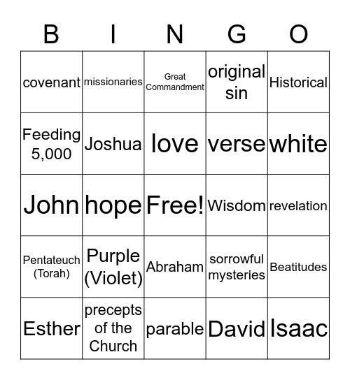 Sixth Grade Religion Review Bingo Card