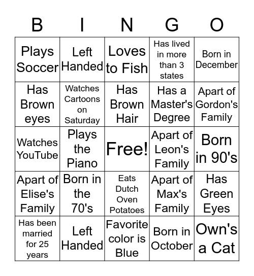 Family Reunion Bingo Card