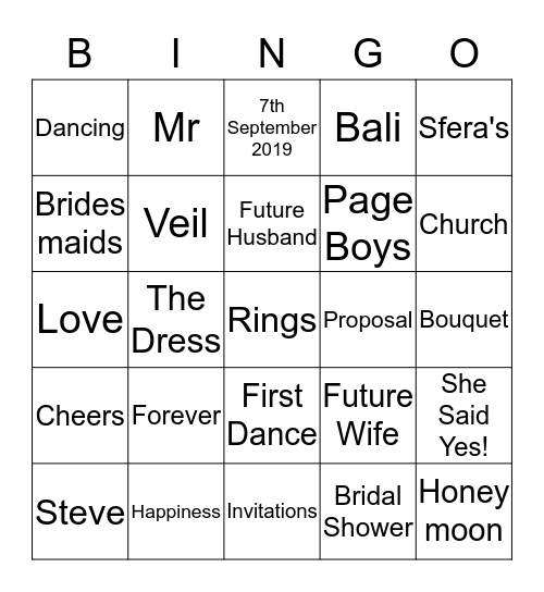 Bridal Shower Bingo Card