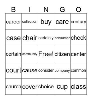 Word Bingo Game  Bingo Card