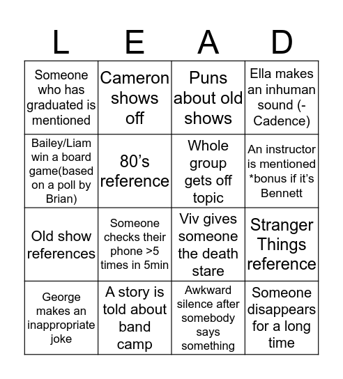 Section Leader Bingo! Bingo Card