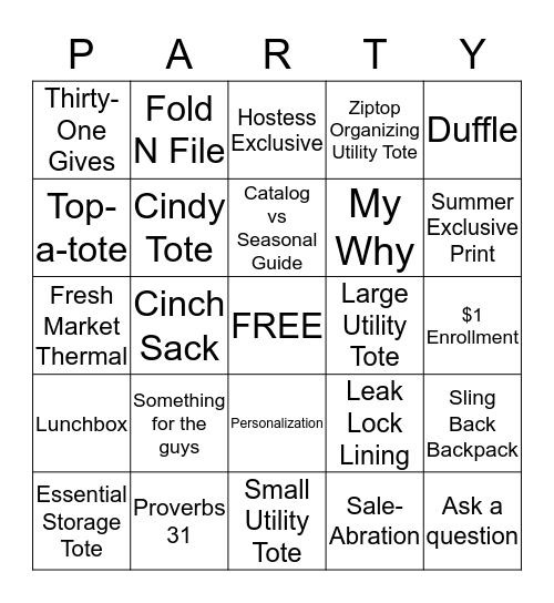 Thirty One Bingo Card