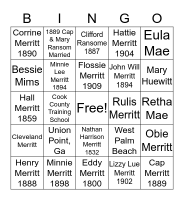 Merritt Family  Bingo Card