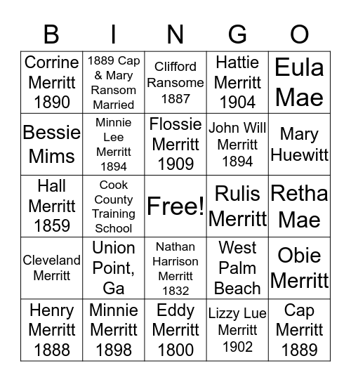 Merritt Family  Bingo Card