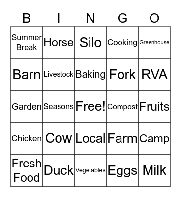 Farm to Fork 2019 Bingo Card