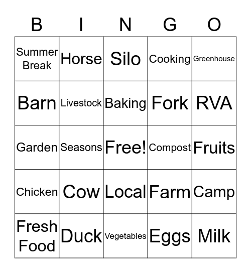 Farm to Fork 2019 Bingo Card