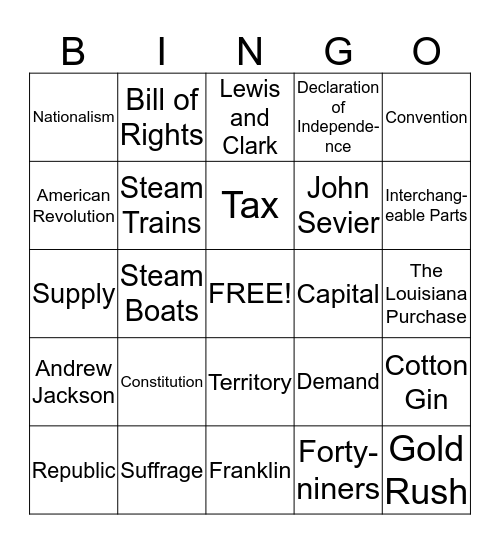 U.S. History Part 2 Bingo Card