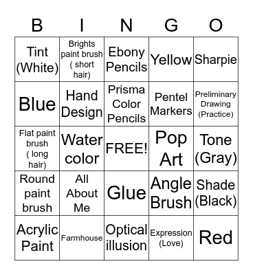 Art projects,supplies and terms Bingo Card