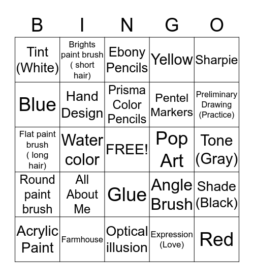 Art projects,supplies and terms Bingo Card