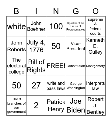 US Citizenship  Bingo Card