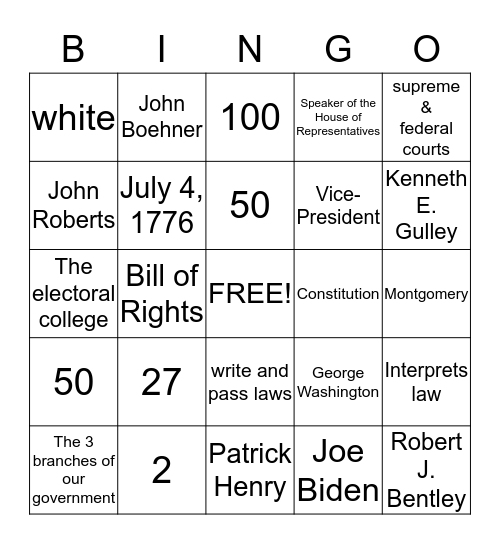 US Citizenship  Bingo Card