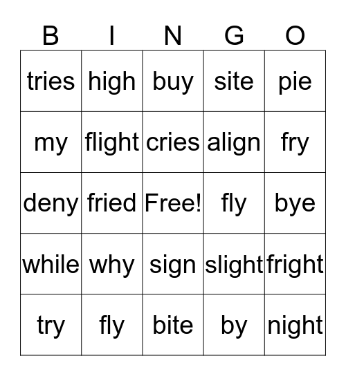 Long I Sounds Bingo Card