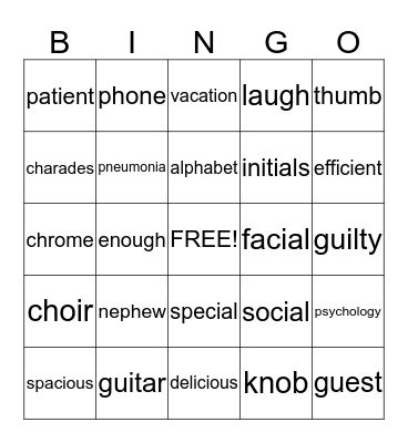 Action Reading Bingo Card