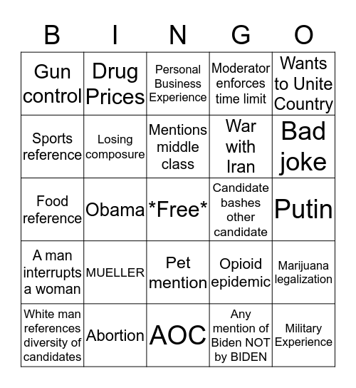 Democratic Primary Debate Bingo Card